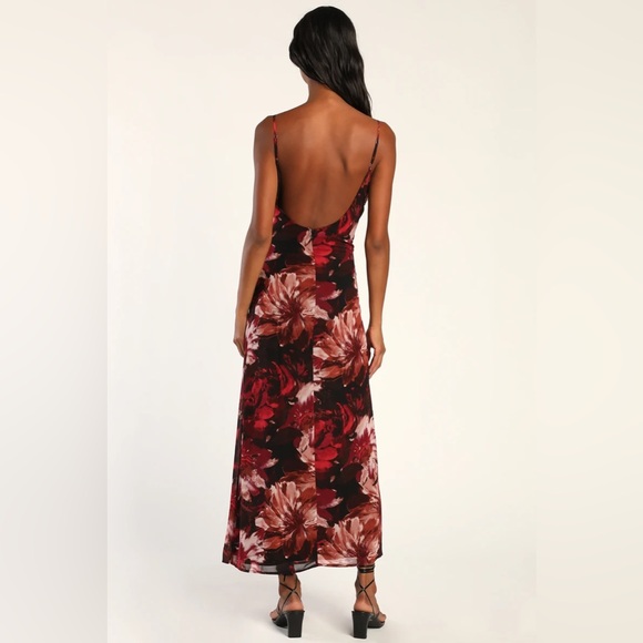 Lulus Flowery Passion Burgundy Floral Print Cowl Neck Midi Dress - Picture 4 of 4